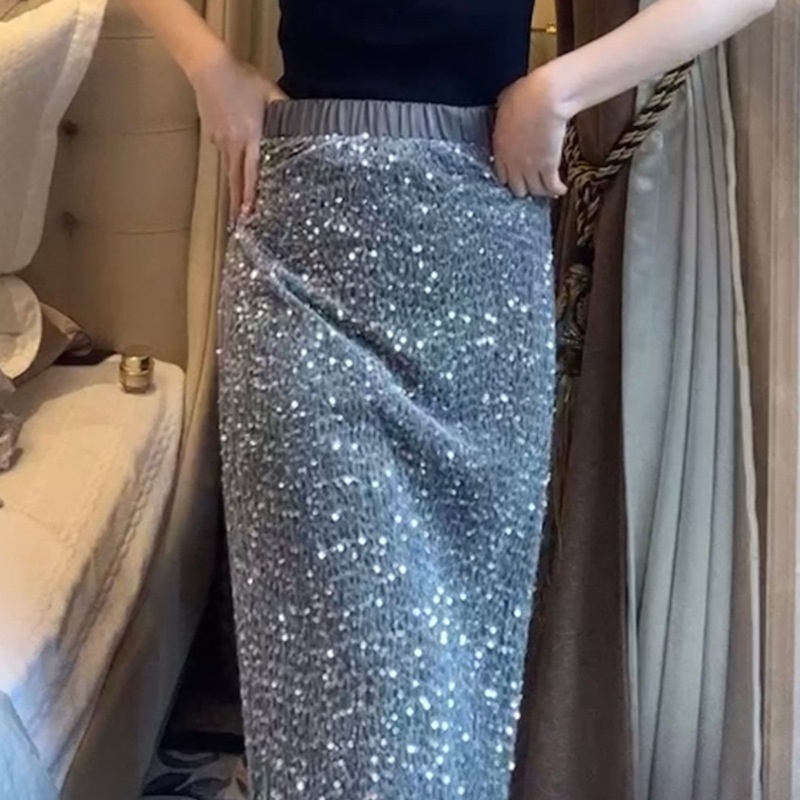 ChicShe Women's Fashion Station 25 New European Goods Trend Thickened Slit Velvet Sequin Mid-Length Bodycon Skirt For Women_voghion.com