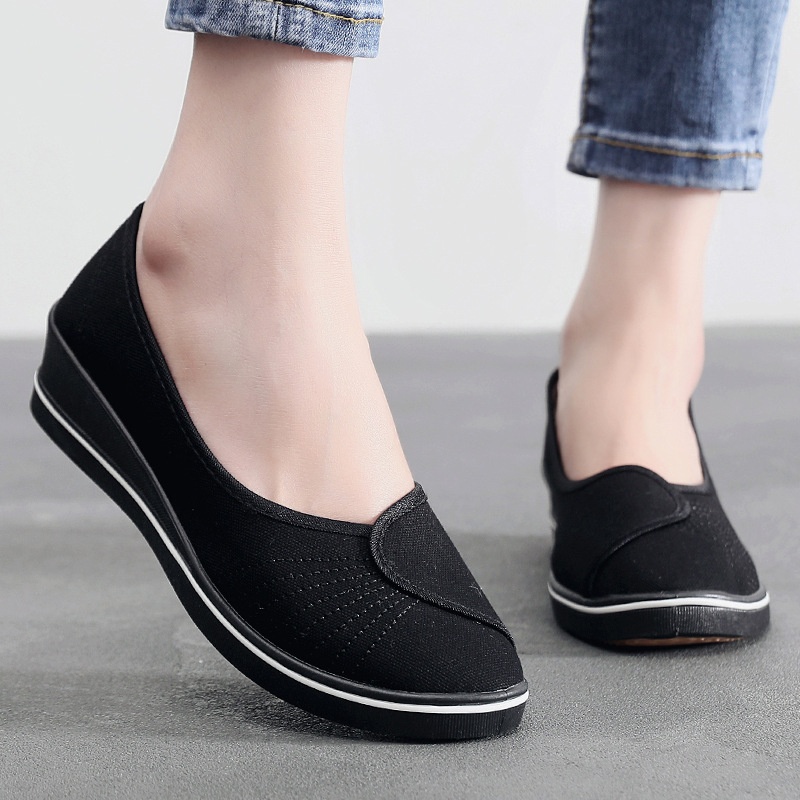 ShoeGlobe Nurse Shoes For Women, Wedge Soft Sole Non-Slip White Hospital Work Single Dance Black Cloth Shoes, Shallow Mouth_voghion.com