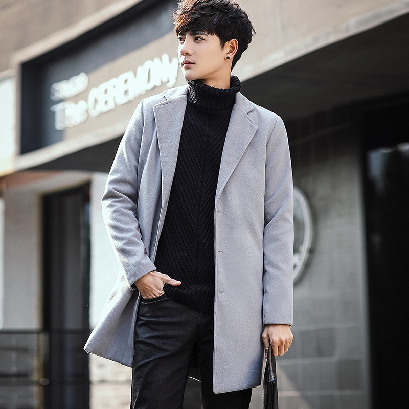 boy Boy Boy Autumn Winter New Wool Korean Style Slim Fit Mid-Length Trench Woolen Material Jacket Men's Coat_voghion.com