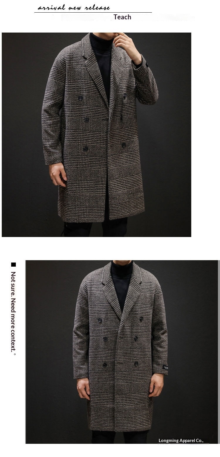 boy Boy Boy 2024 Autumn Winter Men's Wool Slim Fit Woolen Jacket Trench Plaid Double Breasted Mid-Length Coat White_voghion.com