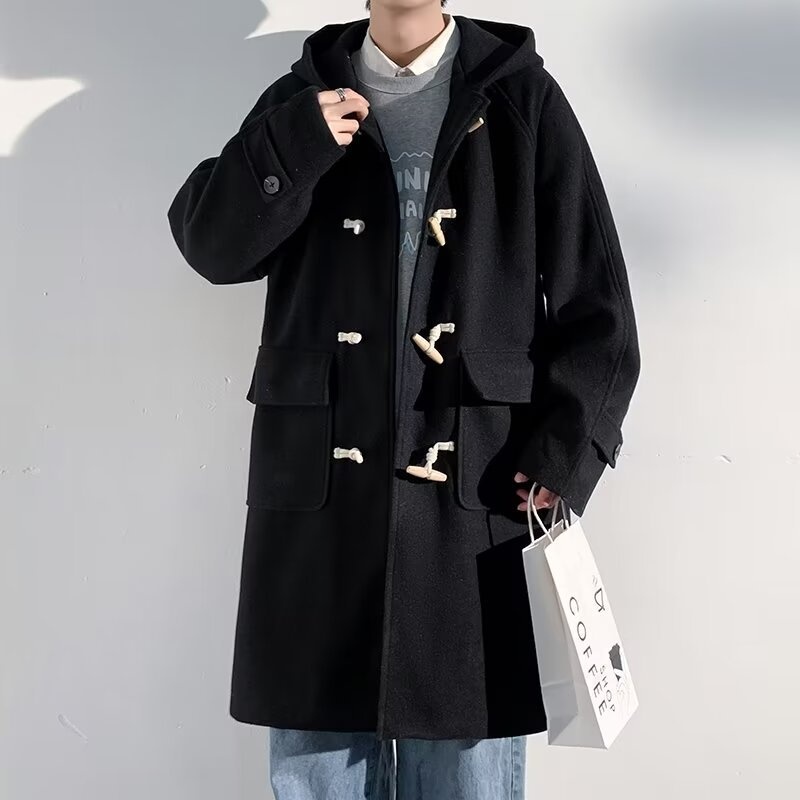boy Boy Boy 2025 Winter Men's Horn Button Thickened Lamb Wool Mid-Length Hooded Trench Plus Size Casual Woolen Coat Jacket_voghion.com