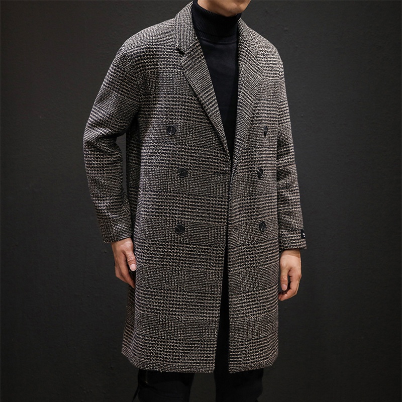 boy Boy Boy 2024 Autumn Winter Men's Wool Slim Fit Woolen Jacket Trench Plaid Double Breasted Mid-Length Coat White_voghion.com