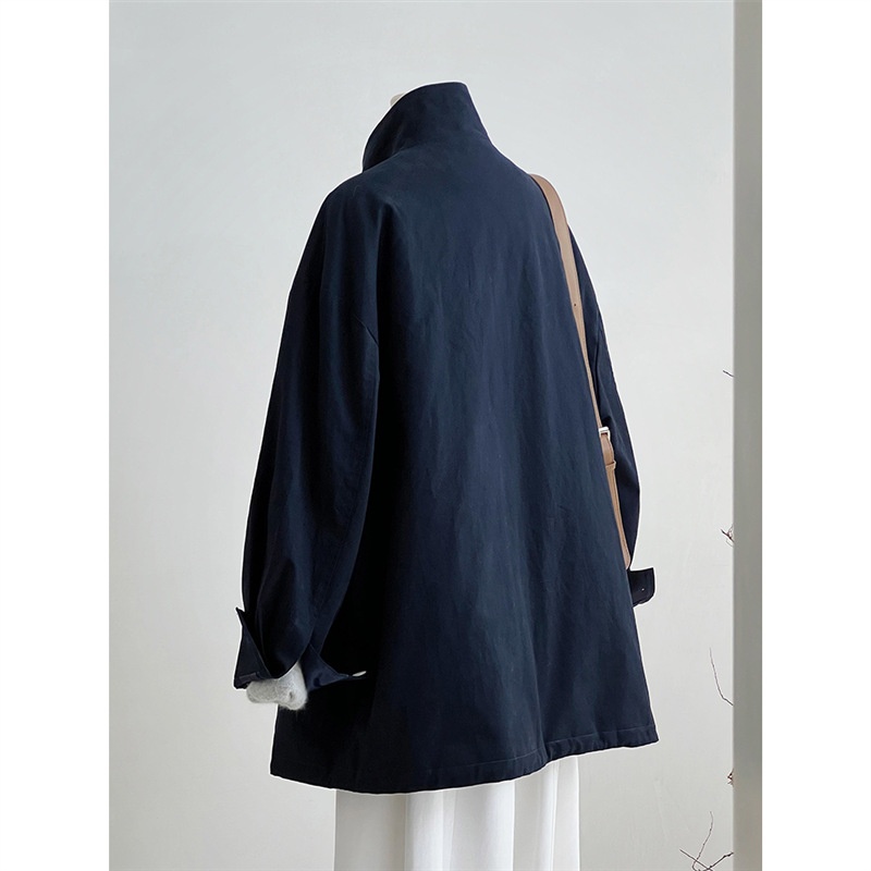 1916 Retro Navy Blue Mid-Length Stand Collar Trench Women's Clothing_voghion.com