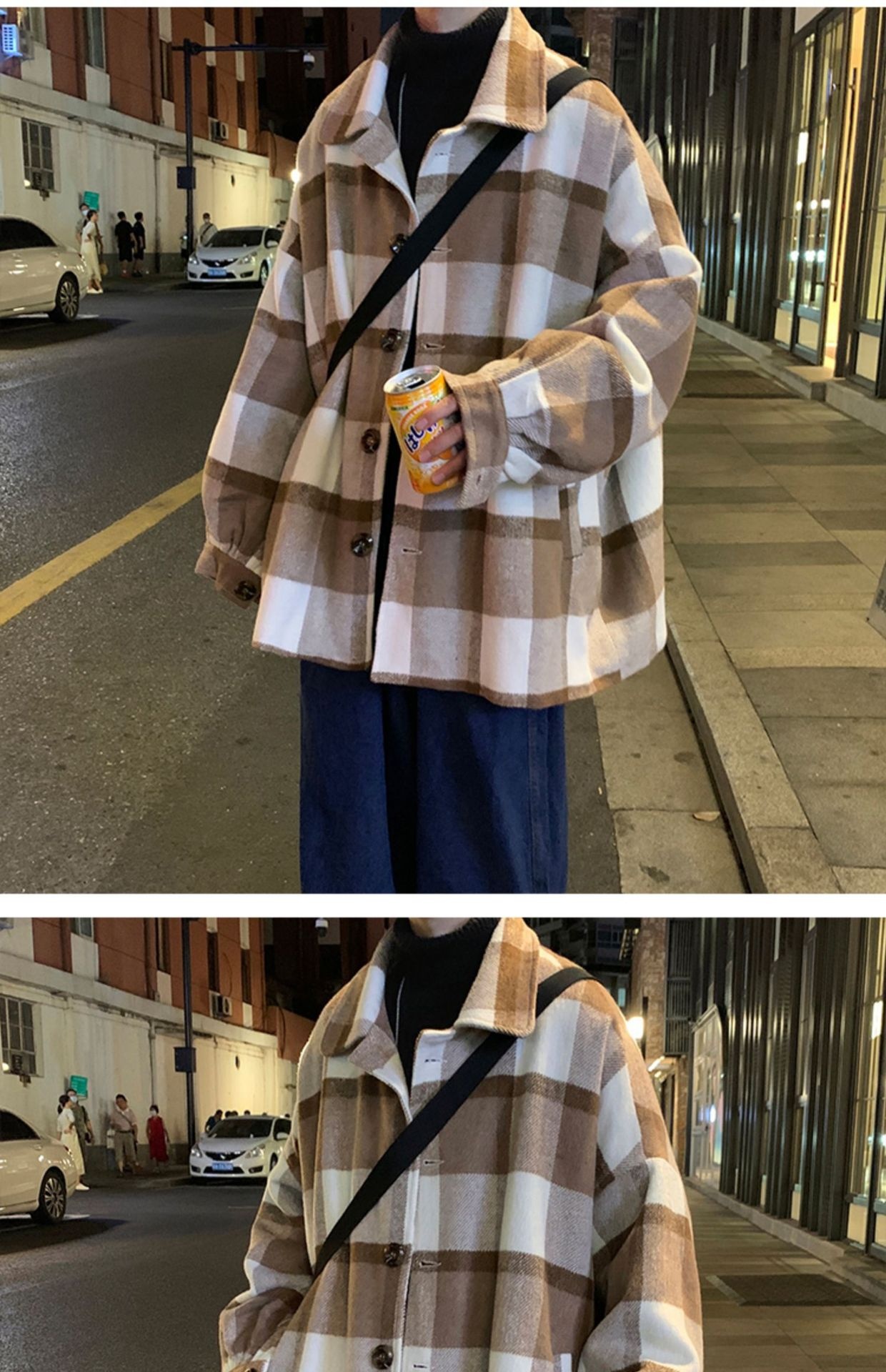 boy Boy Boy Plaid Wool Coat Men, Mid-Length, Autumn Trendy Trench Coat, Loose Fit, Winter Thickened Woolen Jacket For Men_voghion.com