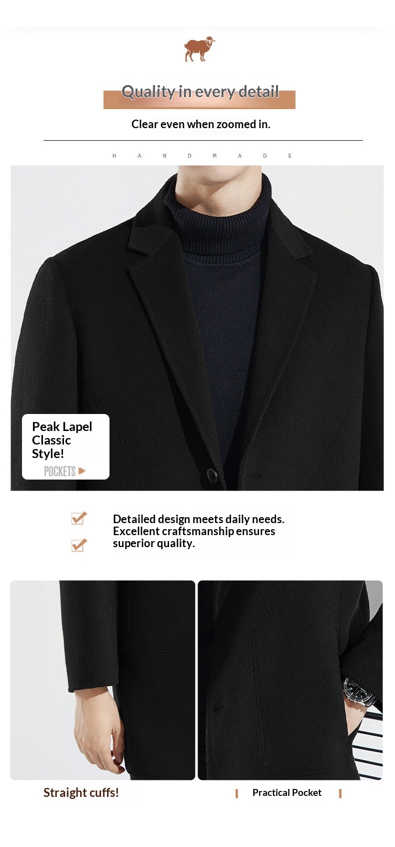 Manteau en laine double face 100 % pure pour homme, style business décontracté, manches longues, coupe mi-longue._voghion.com