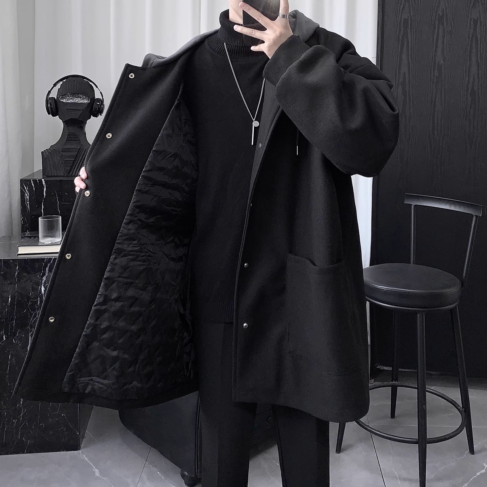 boy Boy Boy Quilted Hooded Wool Coat For Men, Mid-Leth Woolen Overcoat, Winter Thickened Black Korean Style Loose Fit Men's_voghion.com