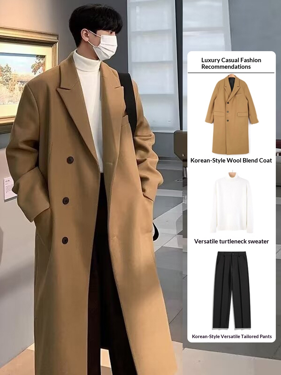 boy Boy Boy Men's Wool Single-Breasted Mid-Length Trench Coat Set For Men Autumn Winter Woolen Jacket_voghion.com