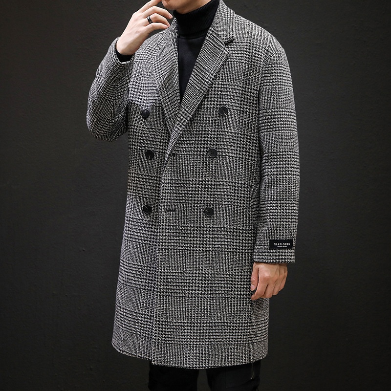 boy Boy Boy 2024 Autumn Winter Men's Wool Slim Fit Woolen Jacket Trench Plaid Double Breasted Mid-Length Coat White_voghion.com
