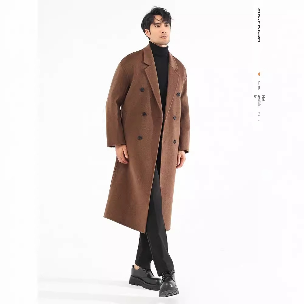 boy Boy Boy Autumn Winter Double-Sided Sheep Wool Men Long Over-the-Knee Double-Breasted Loose Korean Style Woolen Trench Coat_voghion.com