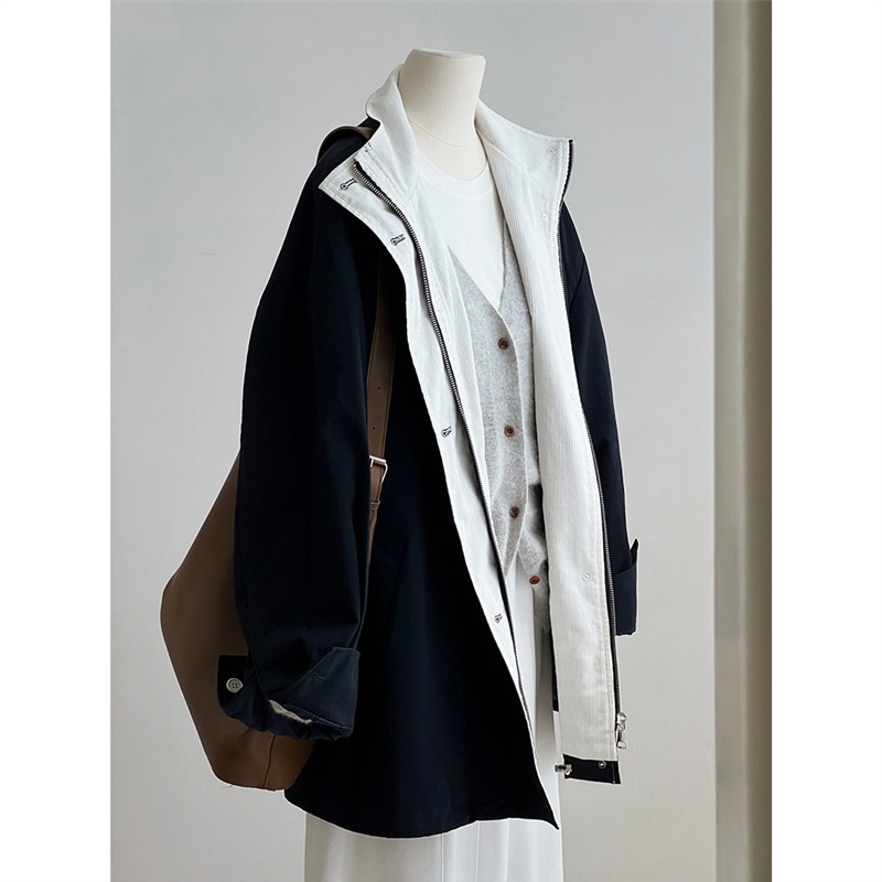 1916 Retro Navy Blue Mid-Length Stand Collar Trench Women's Clothing_voghion.com
