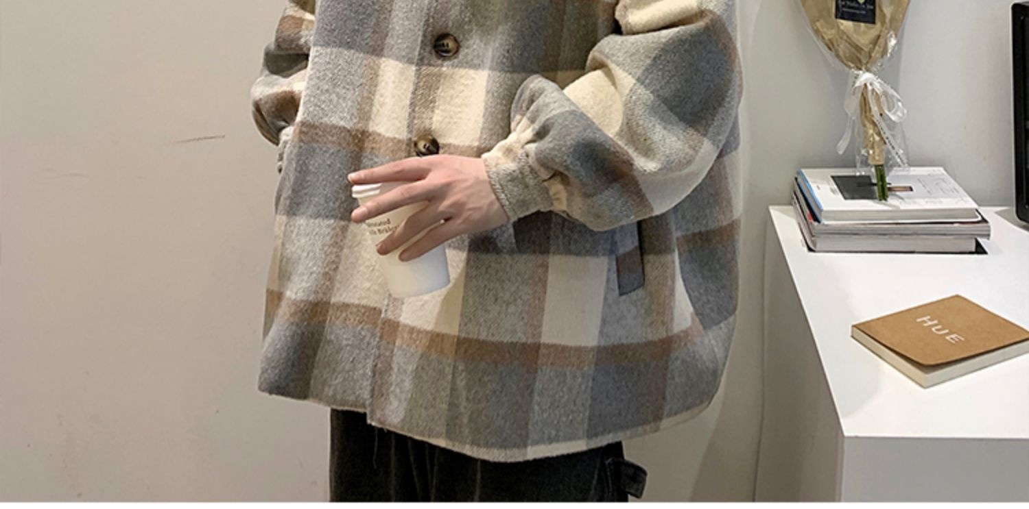 boy Boy Boy Plaid Wool Coat Men, Mid-Length, Autumn Trendy Trench Coat, Loose Fit, Winter Thickened Woolen Jacket For Men_voghion.com