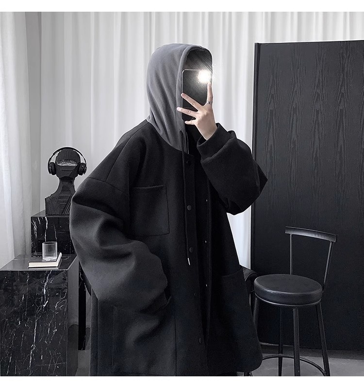 boy Boy Boy Quilted Hooded Wool Coat For Men, Mid-Leth Woolen Overcoat, Winter Thickened Black Korean Style Loose Fit Men's_voghion.com