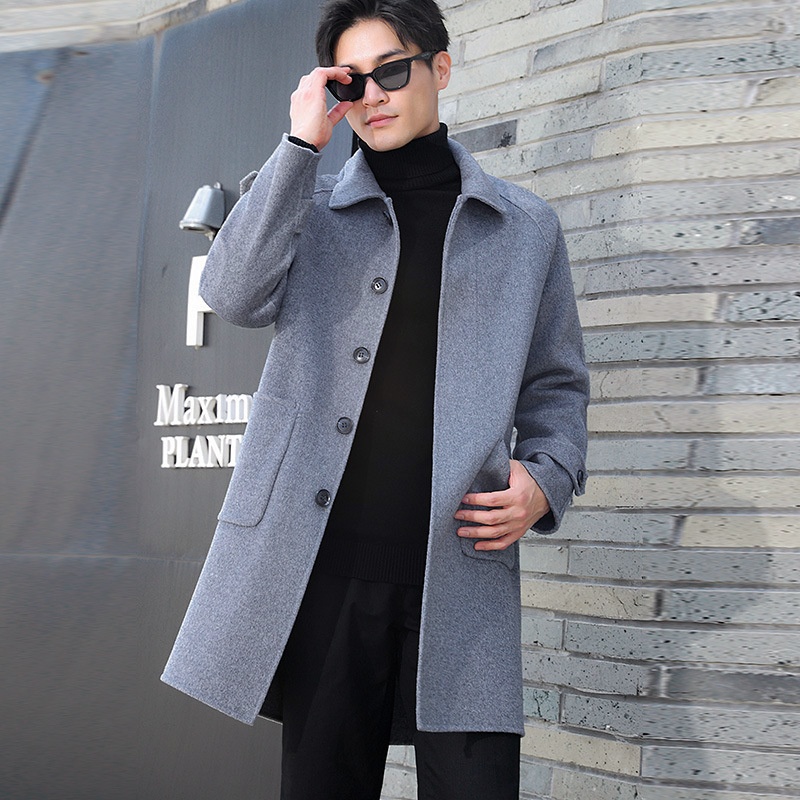 boy Boy Boy Autumn Winter New Pure Men's Loose Double-Sided Woolen Trench Coat Mid-Length Wool Korean Style Casual_voghion.com