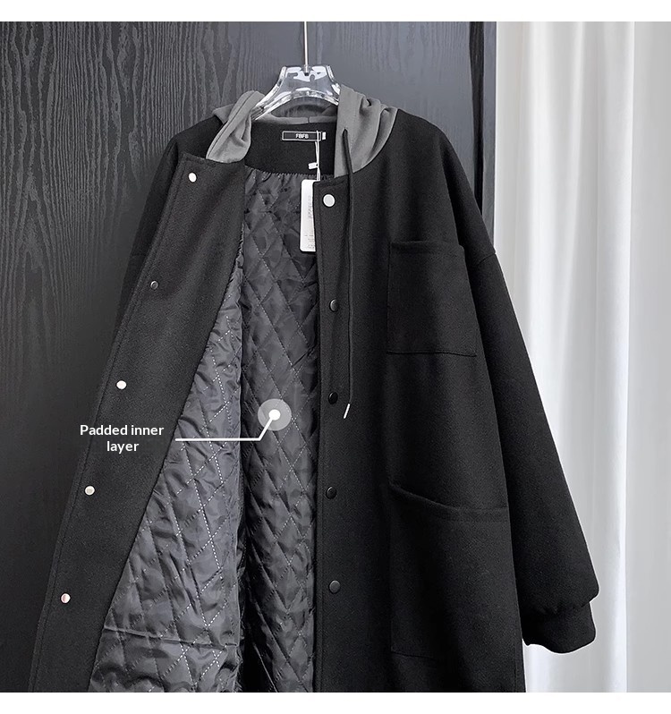 boy Boy Boy Quilted Hooded Wool Coat For Men, Mid-Leth Woolen Overcoat, Winter Thickened Black Korean Style Loose Fit Men's_voghion.com