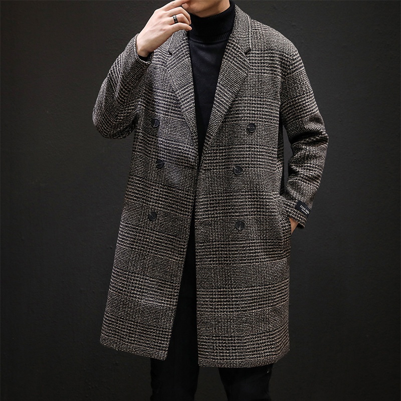 boy Boy Boy 2024 Autumn Winter Men's Wool Slim Fit Woolen Jacket Trench Plaid Double Breasted Mid-Length Coat White_voghion.com