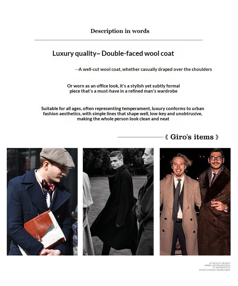 Manteau en laine double face 100 % pure pour homme, style business décontracté, manches longues, coupe mi-longue._voghion.com