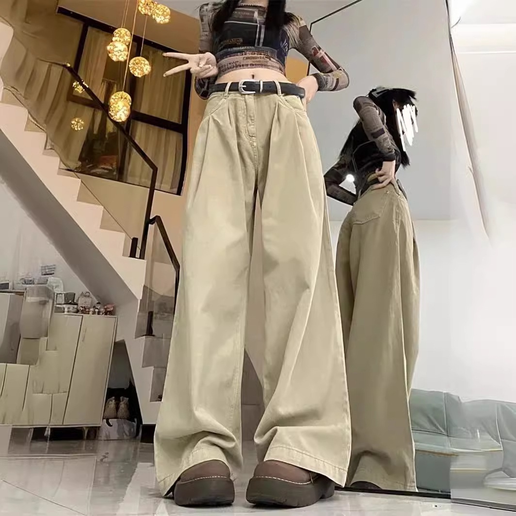 girl 2024 Autumn New Khaki Wide-Leg Jeans For Women Loose Slimming Draped High-Waist Straight-Leg Floor-Length Pants_voghion.com
