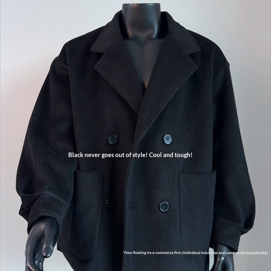 boy Boy Boy Black Short Lapel Coat For Men, Autumn And Winter Alpaca Wool Trench Coat, Fleece-Lined Thickened Blazer_voghion.com