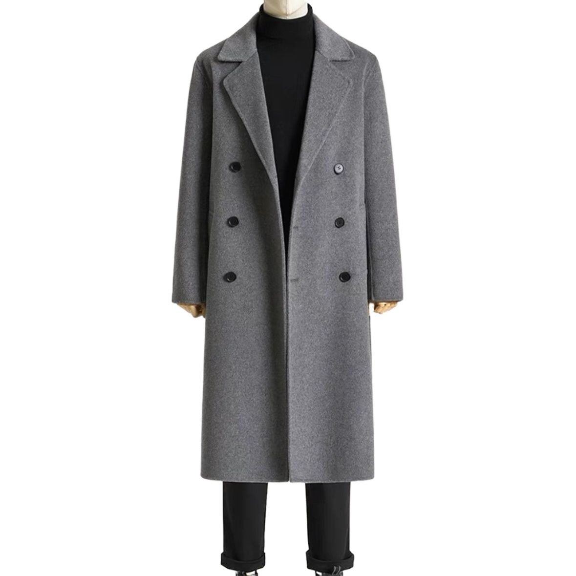 boy Boy Boy Autumn Winter Long Over-the-Knee Double-Sided Men Double-Breasted Korean Style Loose Woolen Trench Coat Black_voghion.com