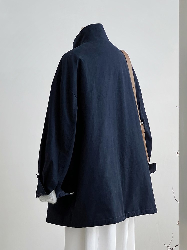1916 Retro Navy Blue Mid-Length Stand Collar Trench Women's Clothing_voghion.com