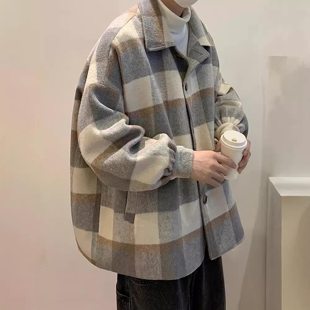 boy Boy Boy Plaid Wool Coat Men, Mid-Length, Autumn Trendy Trench Coat, Loose Fit, Winter Thickened Woolen Jacket For Men_voghion.com