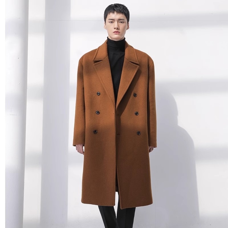 boy Boy Boy Trench Double-Breasted Black Mid-Length Coat Men's Autumn Winter Woolen Jacket_voghion.com