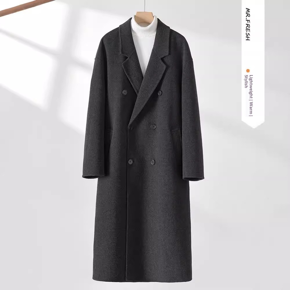 boy Boy Boy Autumn Winter Double-Sided Sheep Wool Men Long Over-the-Knee Double-Breasted Loose Korean Style Woolen Trench Coat_voghion.com