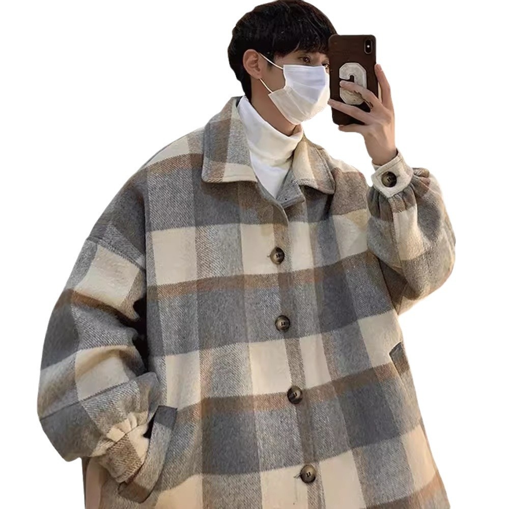 boy Boy Boy Plaid Wool Coat Men, Mid-Length, Autumn Trendy Trench Coat, Loose Fit, Winter Thickened Woolen Jacket For Men_voghion.com