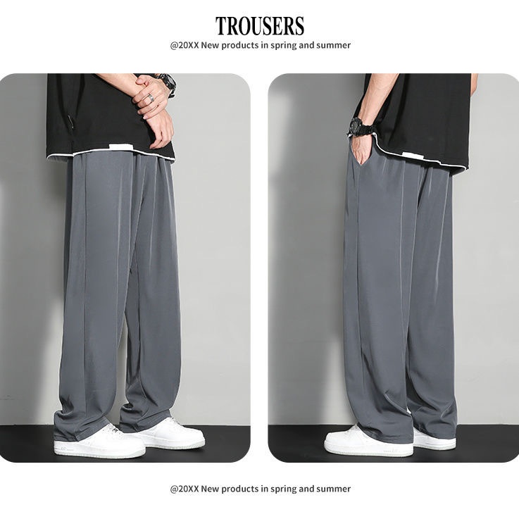 BOY BOY Silk Summer Thin Loose Wide Leg Sports Men Draped Dress Pants Straight Casual Trousers Ice Feel_voghion.com