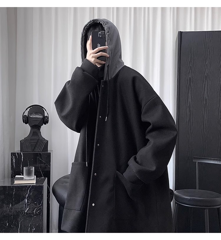 boy Boy Boy Quilted Hooded Wool Coat For Men, Mid-Leth Woolen Overcoat, Winter Thickened Black Korean Style Loose Fit Men's_voghion.com