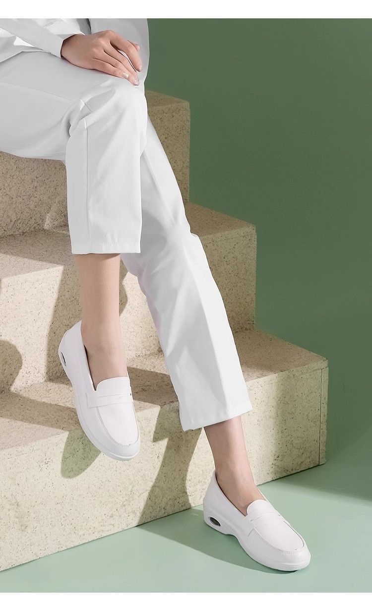 ShoeGlobe Air Cushion Krankenschwesterschuhe für Damen, Weiß, Flach, Weiche Höhenverstärkung, Bequem, Geruchsabweisend, Rutschfest, Dicke Sohle_voghion.com