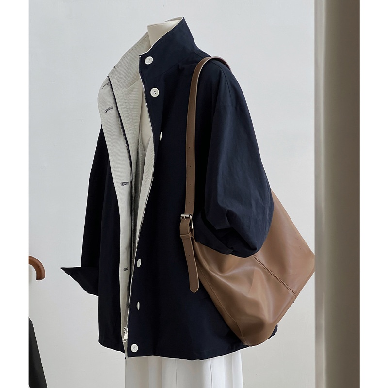 1916 Retro Navy Blue Mid-Length Stand Collar Trench Women's Clothing_voghion.com