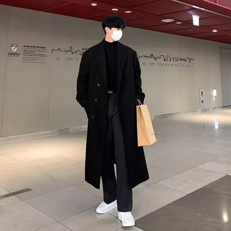 boy Boy Boy Men's Wool Single-Breasted Mid-Length Trench Coat Set For Men Autumn Winter Woolen Jacket_voghion.com