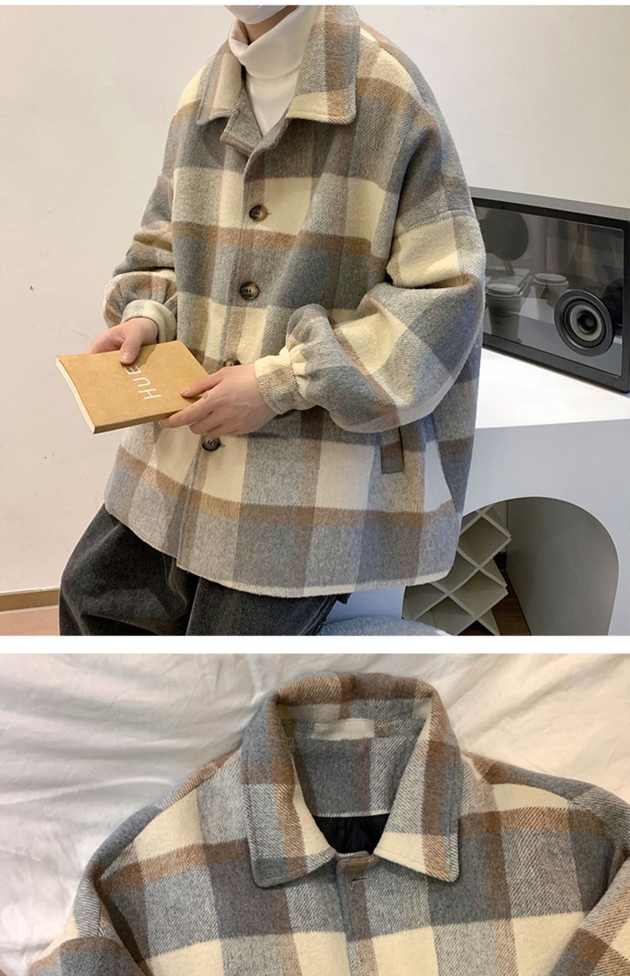 boy Boy Boy Plaid Wool Coat Men, Mid-Length, Autumn Trendy Trench Coat, Loose Fit, Winter Thickened Woolen Jacket For Men_voghion.com
