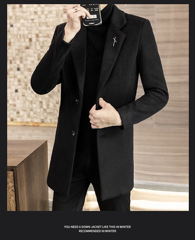 Manteau mi-long en laine style automne élégant hiver tendance coréen coupe slim pour homme_voghion.com