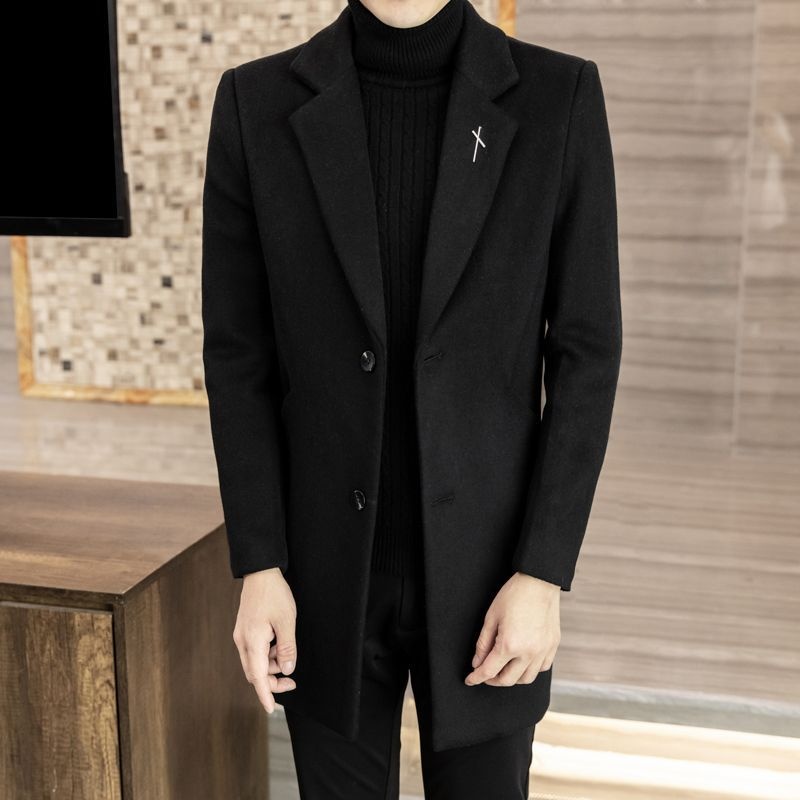 Manteau mi-long en laine style automne élégant hiver tendance coréen coupe slim pour homme_voghion.com