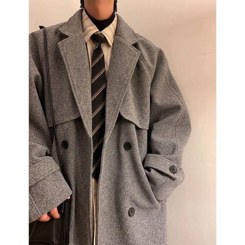 boy Boy Boy Mid-Length Men's Autumn And Winter Thickened Korean Style Suit Woolen High-End Sleek Over-the-Knee Trench Coat_voghion.com