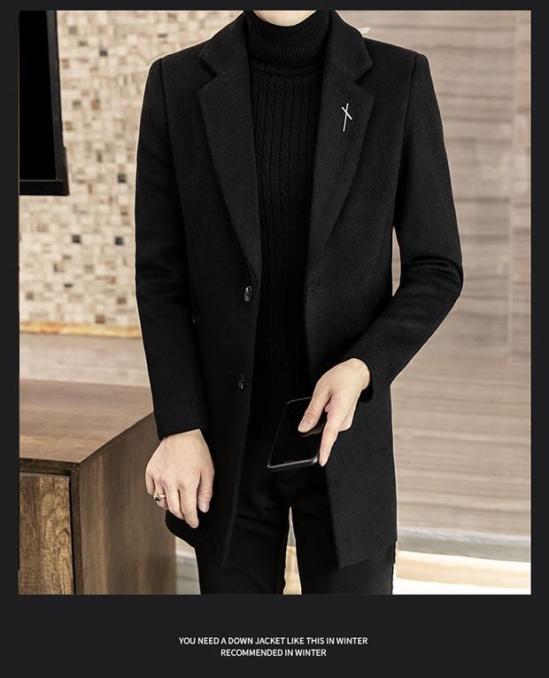 Manteau mi-long en laine style automne élégant hiver tendance coréen coupe slim pour homme_voghion.com