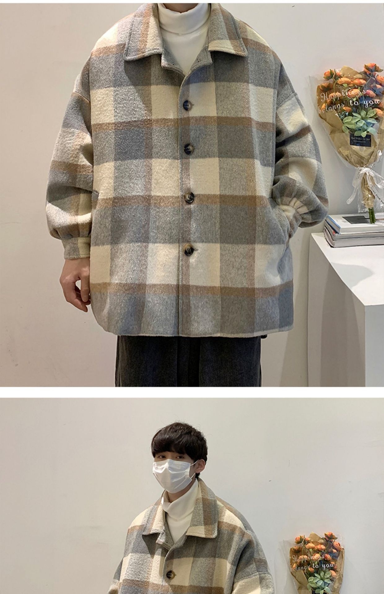 boy Boy Boy Plaid Wool Coat Men, Mid-Length, Autumn Trendy Trench Coat, Loose Fit, Winter Thickened Woolen Jacket For Men_voghion.com
