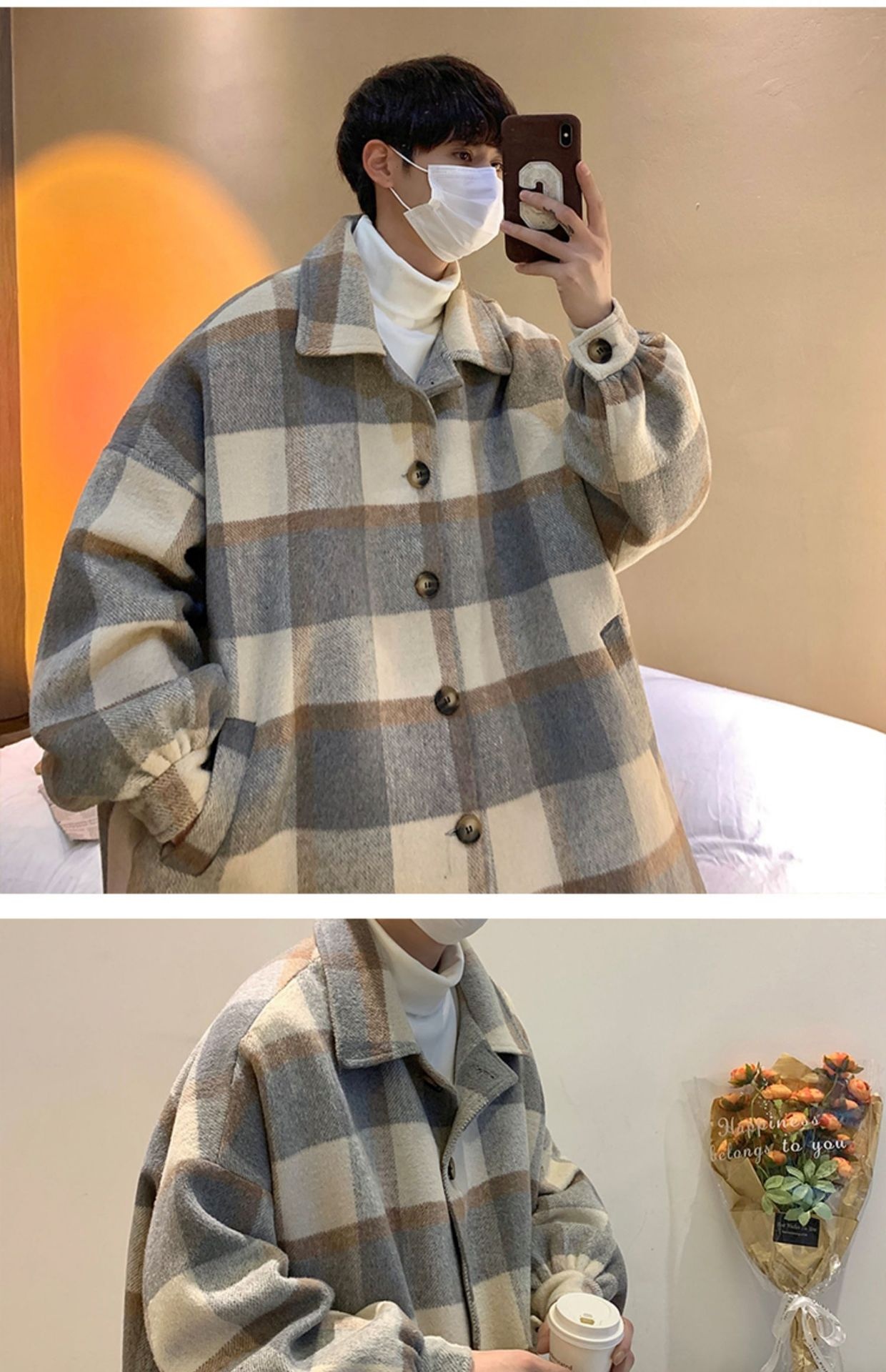 boy Boy Boy Plaid Wool Coat Men, Mid-Length, Autumn Trendy Trench Coat, Loose Fit, Winter Thickened Woolen Jacket For Men_voghion.com