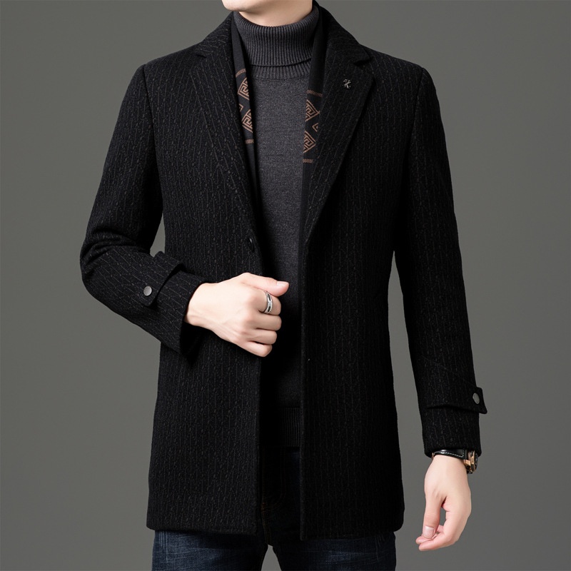 boy Boy Boy 2025 Winter Wool Coat Men, Fashionable Striped Suit Collar, White Duck Down Scarf Woolen Jacket For Young And_voghion.com