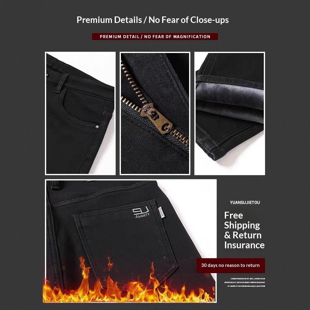 boy Boy Fleece-Lined Jeans For Men, Pure Black, Cotton-Padded, Straight-Leg, Autumn And Winter, Warm, Youth Long Pants, Men's_voghion.com