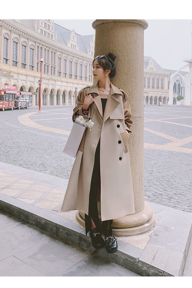 Modischer, eleganter Trenchcoat für Damen, mittellang, Herbst 2022, neuer Stil, Farbblock-Design, Overknee-Schnitt_voghion.com