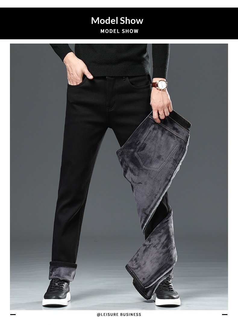boy Boy Fleece-Lined Jeans For Men, Pure Black, Cotton-Padded, Straight-Leg, Autumn And Winter, Warm, Youth Long Pants, Men's_voghion.com