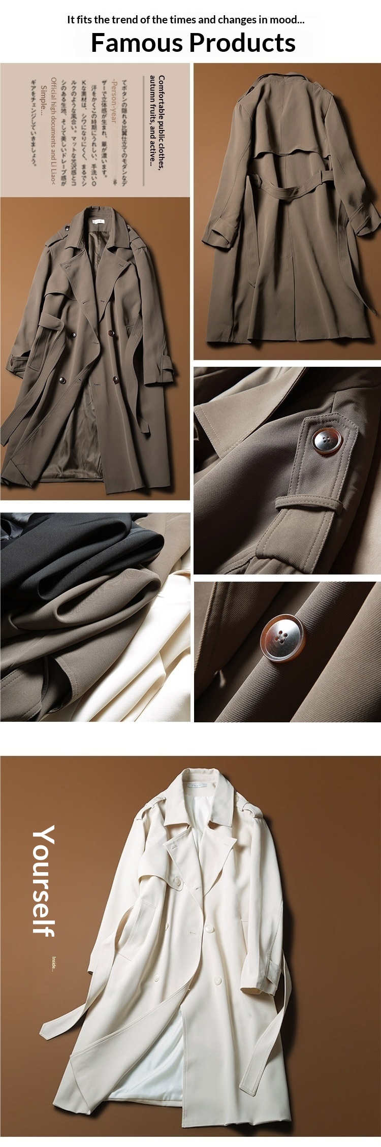 Women's British Style Lapel Mid-Length Trench Coat For Men, Spring And Autumn, Draped Double-Breasted Loose Oversized Long Coat_voghion.com