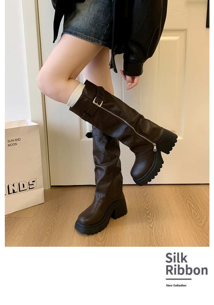 ShoeGlobe Damen-Reitstiefel im postapokalyptischen Stil mit dicker Sohle, runder Zehenpartie und langem Schaft, Xinjiang-Stil, neue schwarze, figurformende Sommer-Reitstiefel_voghion.com