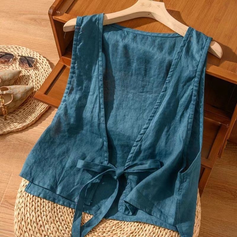 Women's Vintage Artistic British Style Sleeveless Linen V-neck Blazer Vest For Women 2025 Summer New Fashionable Jacket Top_voghion.com