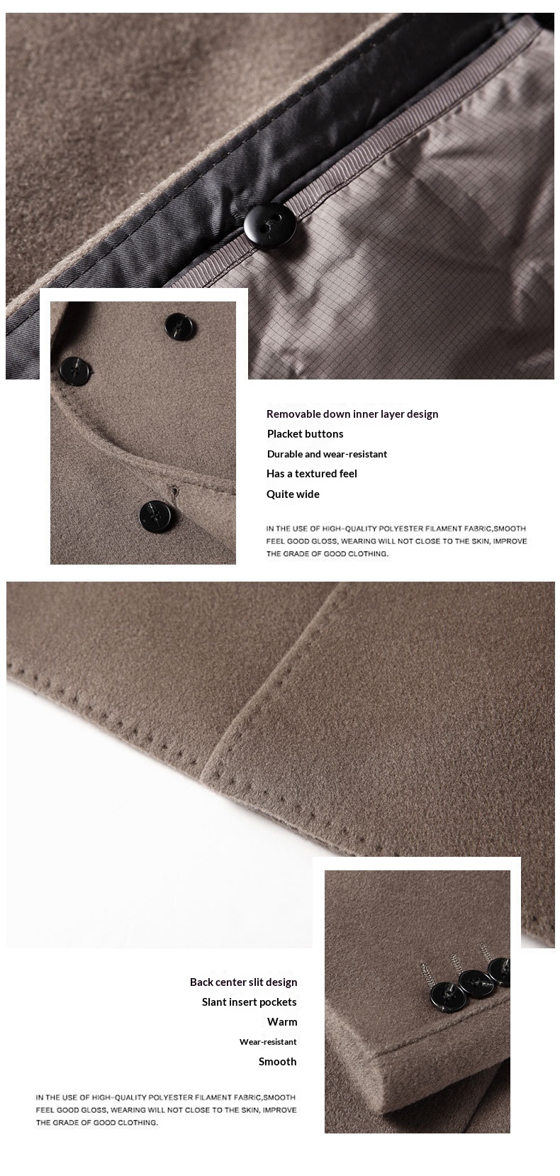 Manteau long d'automne-hiver pour homme, 100 % laine, col à revers pointus, doublure amovible en duvet d'oie, idéal pour les jeunes professionnels d'âge mûr. Chaud et confortable._voghion.com