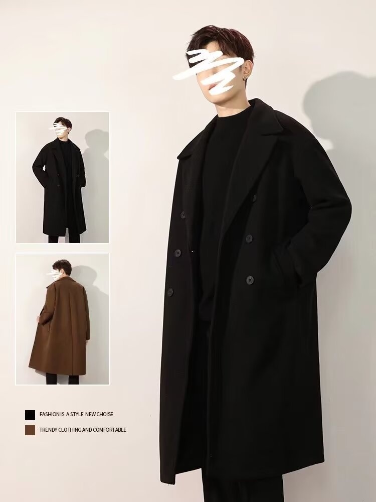 boy Boy Trench Double-Breasted Black Mid-Length Coat Men's Autumn Winter Woolen Jacket_voghion.com