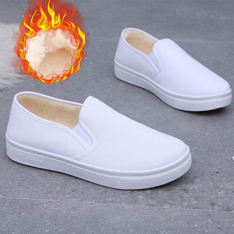 ShoeGlobe Krankenschwesterschuhe für Damen und Herren, rutschfeste, fleecegefütterte, warme Baumwollschuhe mit weicher Sohle, weiße Schuhe, Slip-On Old North Arbeitsschuhe aus Stoff für_voghion.com